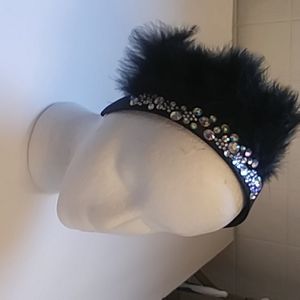 Satin Black headband with feathers and crystals